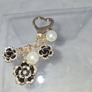 Gold and Black Floral Keychain with Pearls NWOT